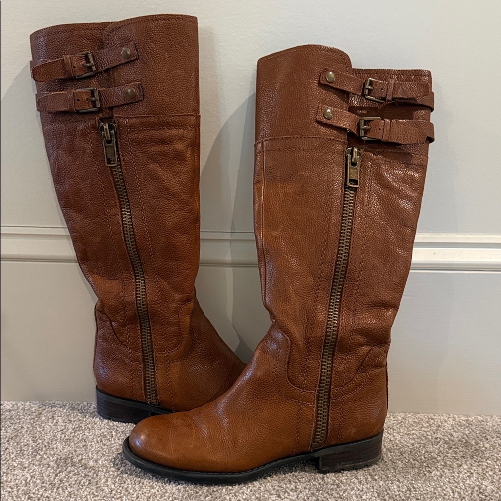Franco Sarto Tan Leather Double Buckle Boots